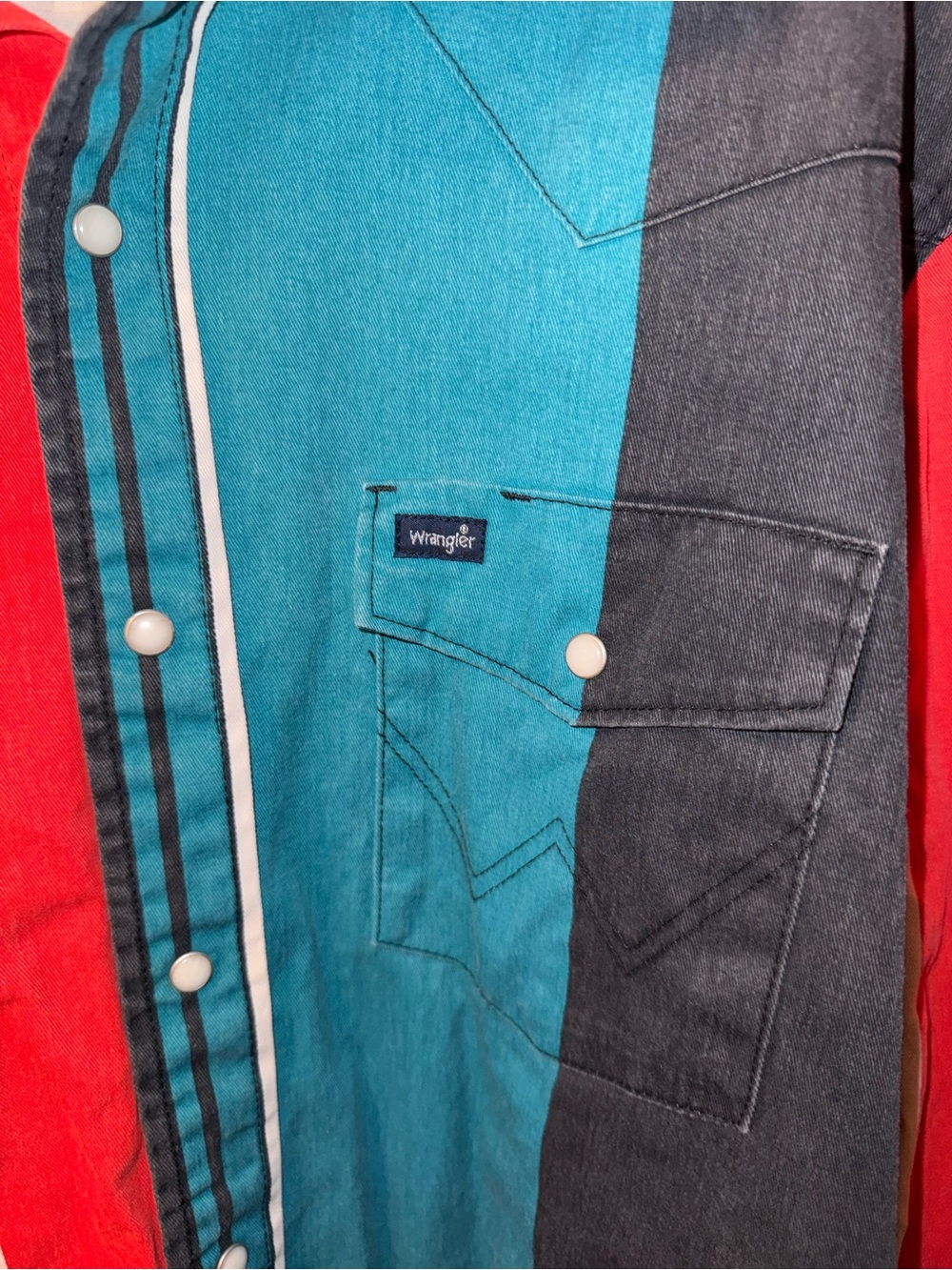 Wrangler Multi-Stripe Button-Down Shirt - Red, Teal, Black - Picture 3 of 5